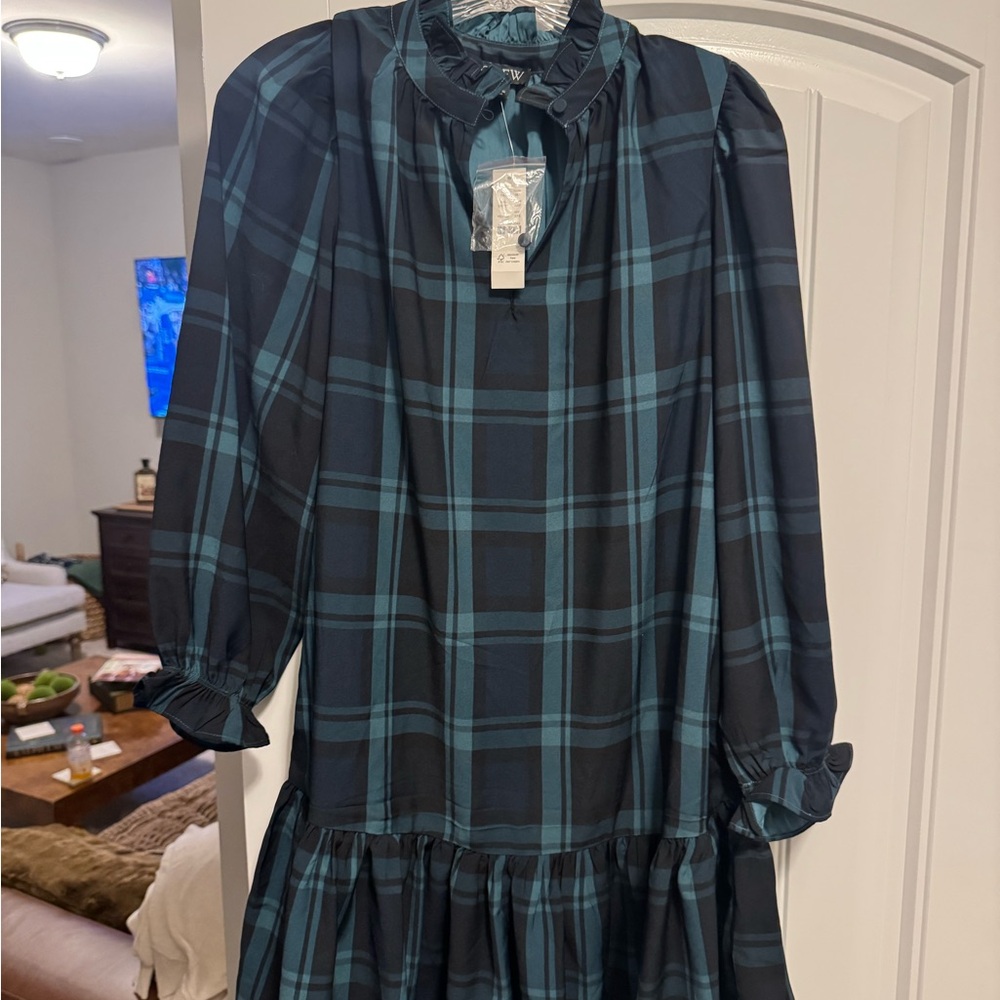 J. Crew Teal and Black Checkered Dress